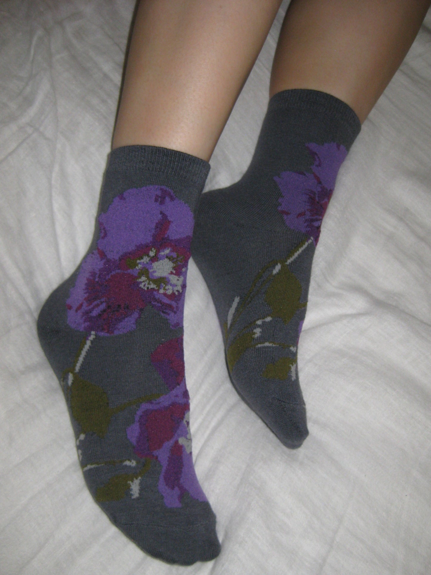 Bold Floral Poppy Socks in Charcoal with Purple Hues