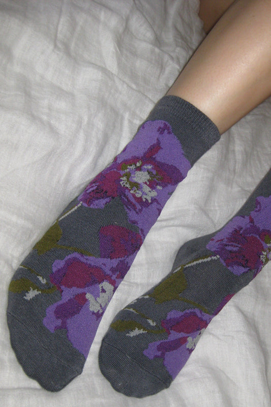 Bold Floral Poppy Socks in Charcoal with Purple Hues